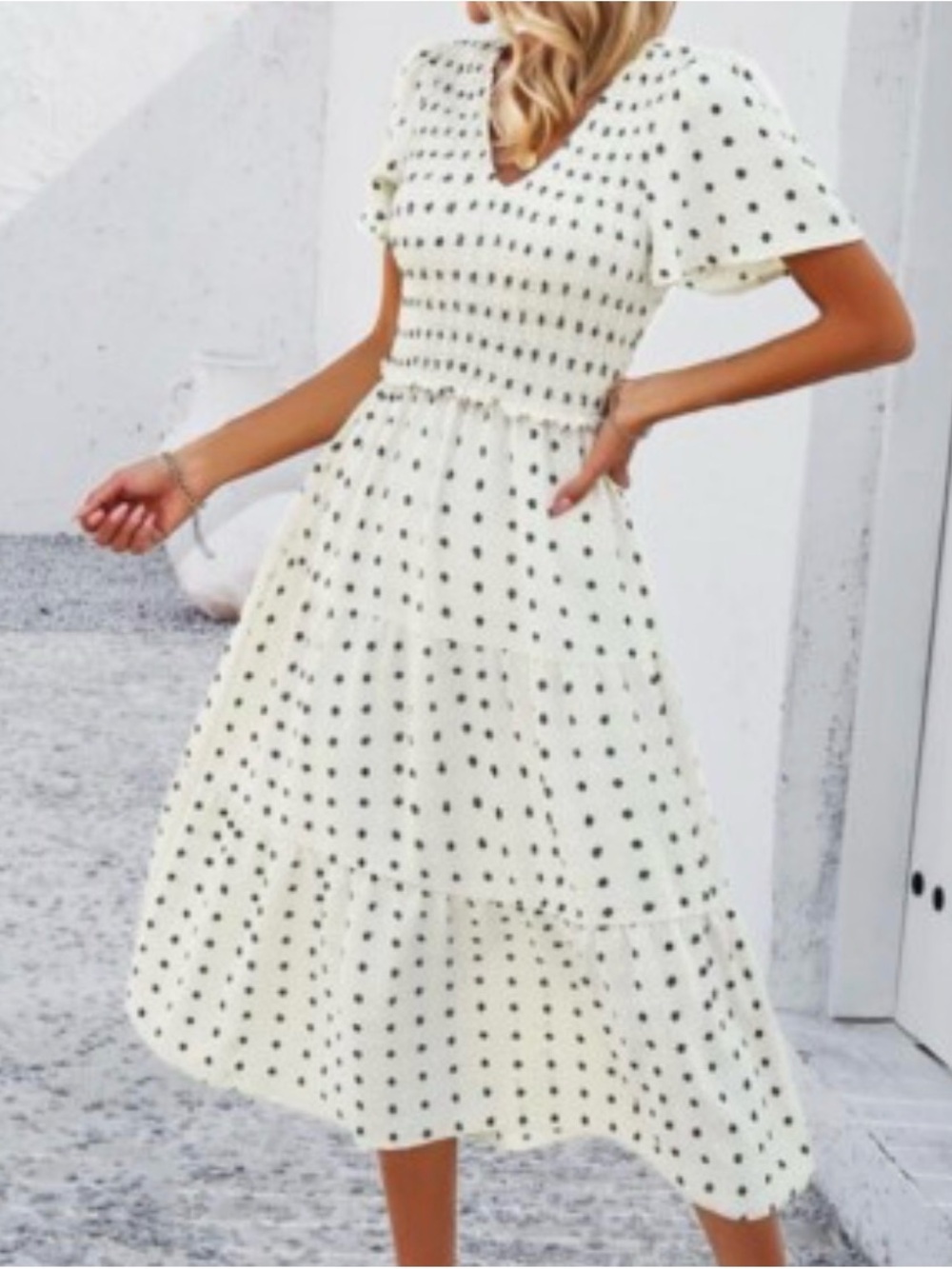 Amazon White Polka Dot V-Neck Midi Dress
